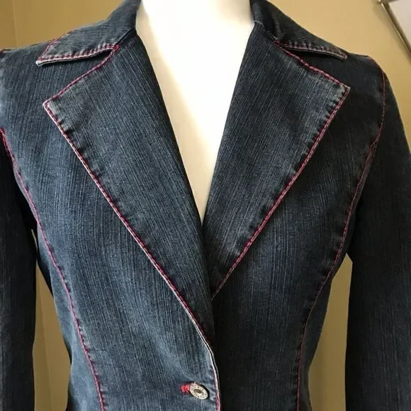 Fitted Collared One Button Denim Blazer/Jacket - Picture 5 of 8